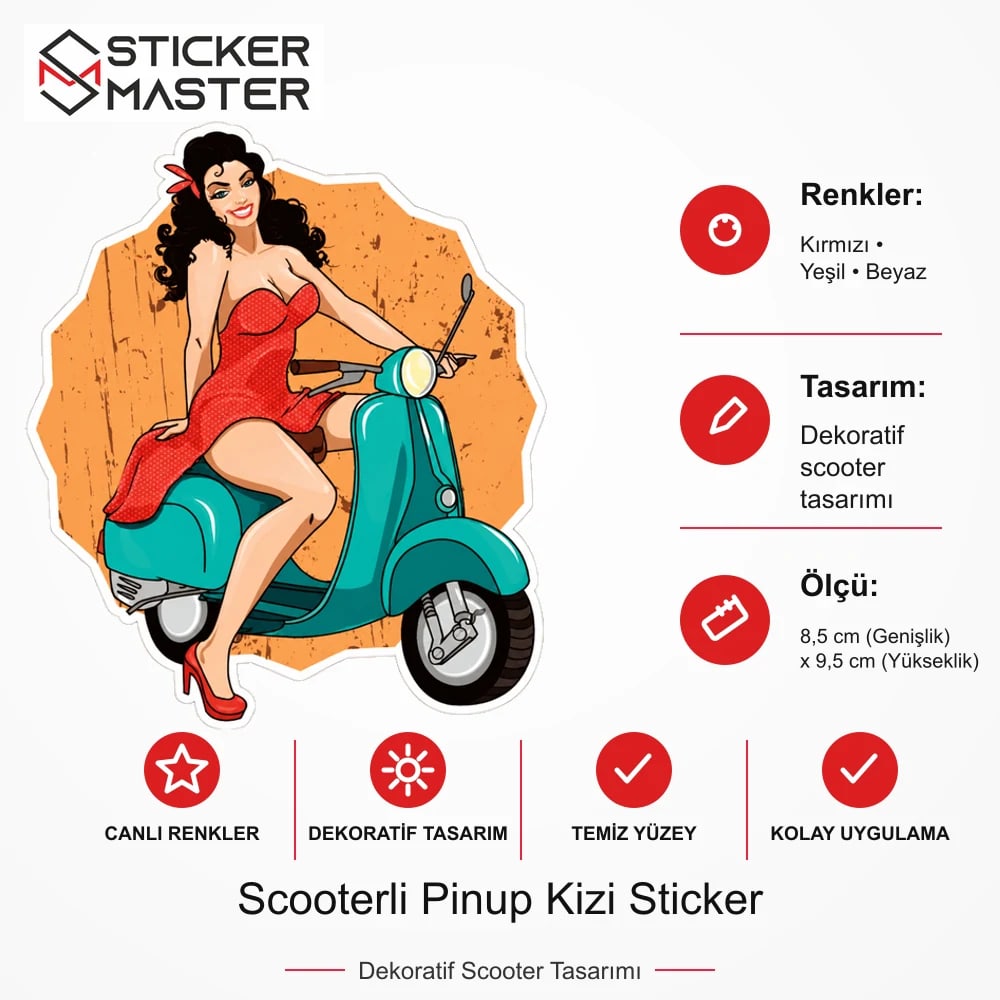 Vespa Uyumlu Scooterli Pinup Kizi Sticker VSP36 ölçü, renk ve ürün bilgisi - 8,5 cm (Genişlik) x 9,5 cm (Yükseklik) - Sticker Master