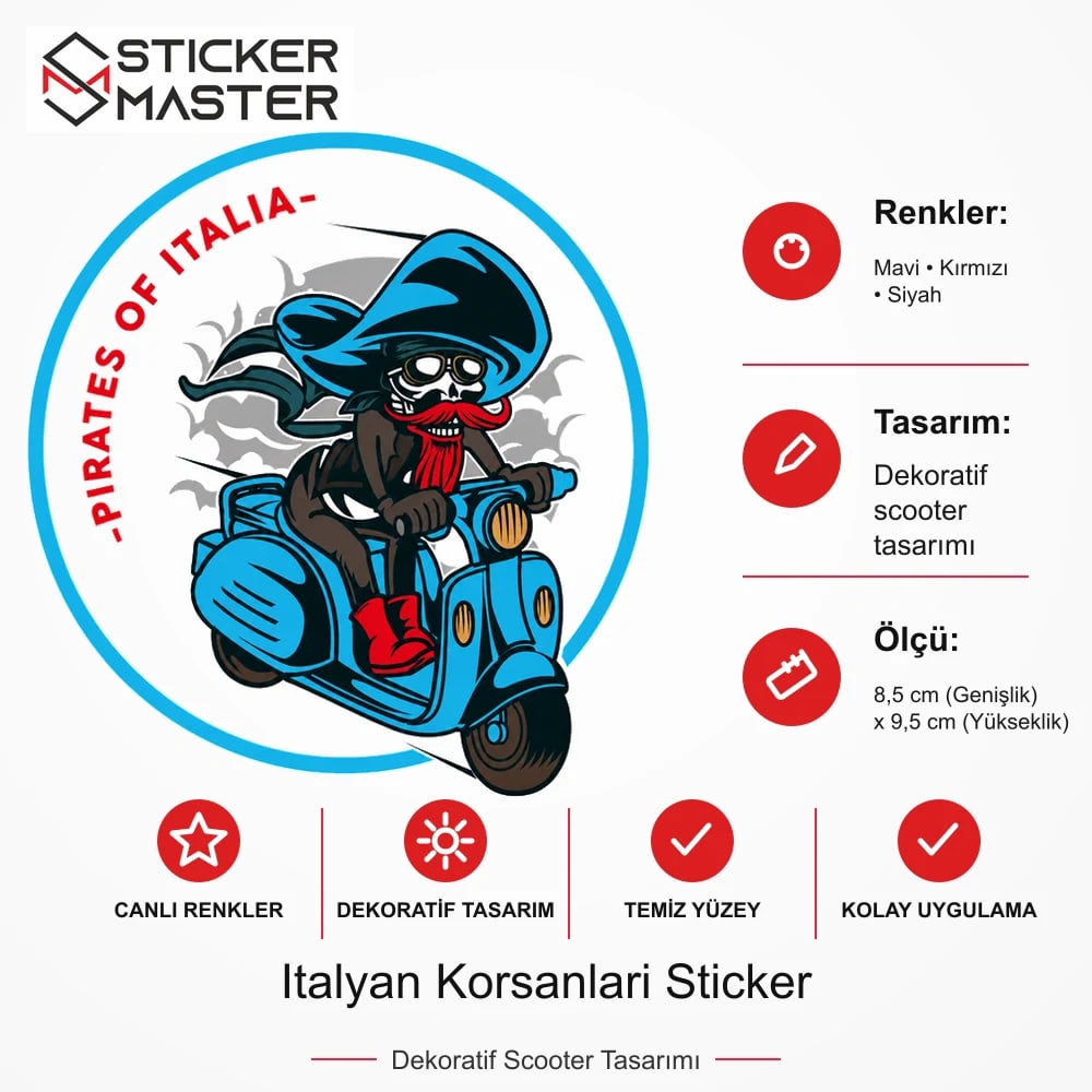 Vespa Uyumlu Italyan Korsanlari Sticker VSP37 ölçü, renk ve ürün bilgisi - 8,5 cm (Genişlik) x 9,5 cm (Yükseklik) - Sticker Master