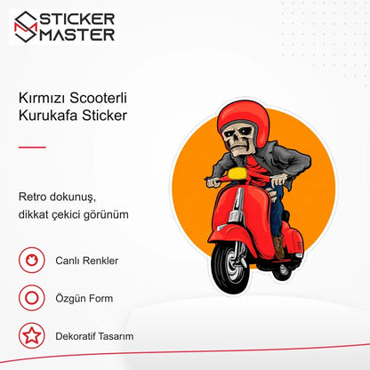 Vespa Uyumlu Kırmızı Scooterli Kurukafa Sticker VSP38 retro tasarım ve kullanım özellikleri - Sticker Master