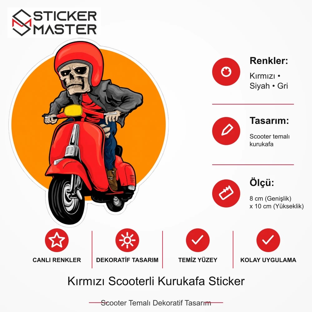 Vespa Uyumlu Kırmızı Scooterli Kurukafa Sticker VSP38 ölçü, renk ve ürün bilgisi - 8 cm (Genişlik) x 10 cm (Yükseklik) - Sticker Master