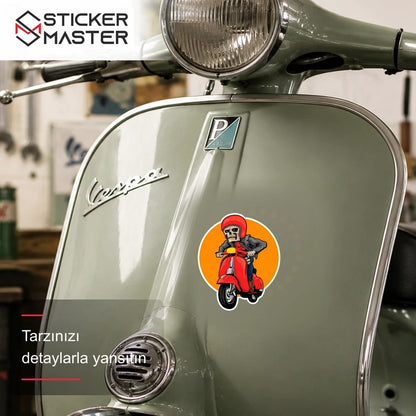 Vespa Uyumlu Kırmızı Scooterli Kurukafa Sticker VSP38 scooter üzerinde uygulama örneği - Sticker Master
