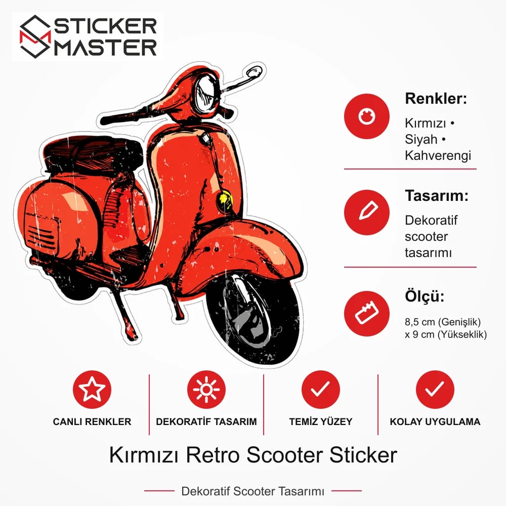 Vespa Uyumlu Kırmızı Retro Scooter Sticker VSP39 ölçü, renk ve ürün bilgisi - 8,5 cm (Genişlik) x 9 cm (Yükseklik) - Sticker Master