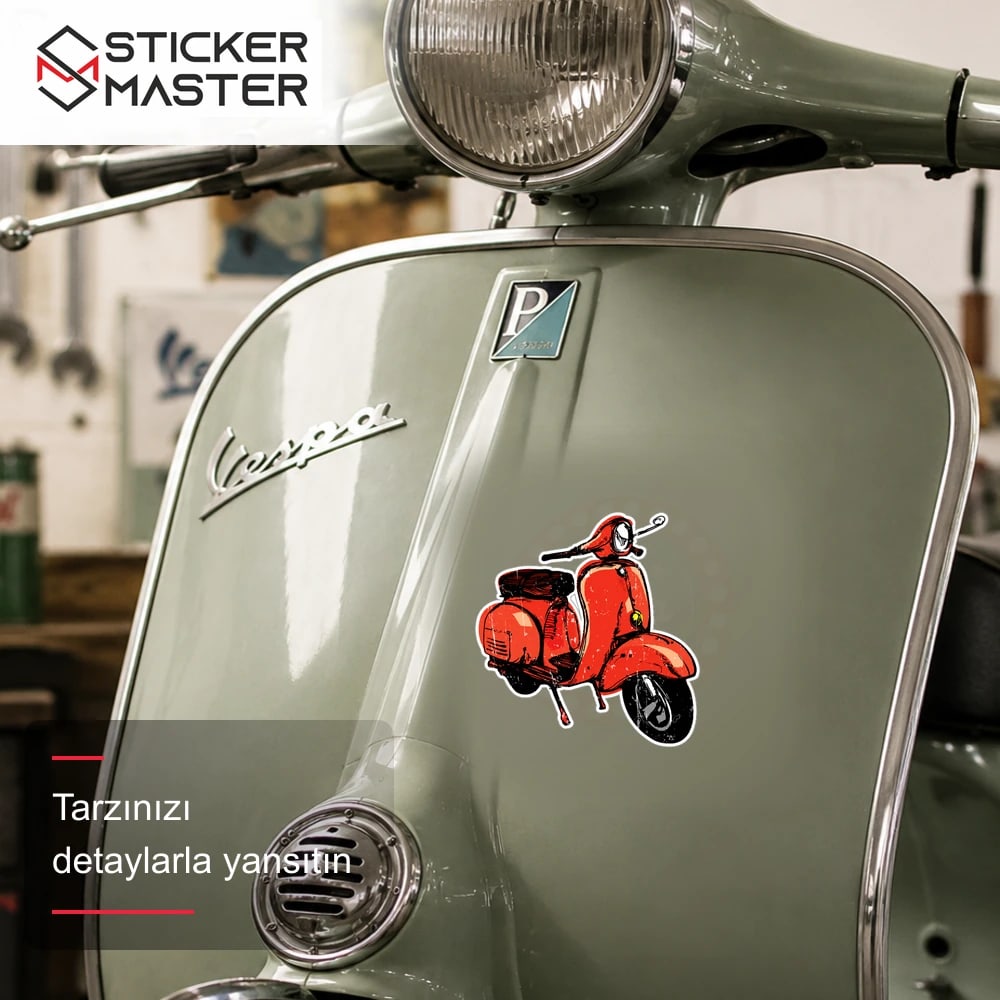 Vespa Uyumlu Kırmızı Retro Scooter Sticker VSP39 scooter üzerinde uygulama örneği - Sticker Master