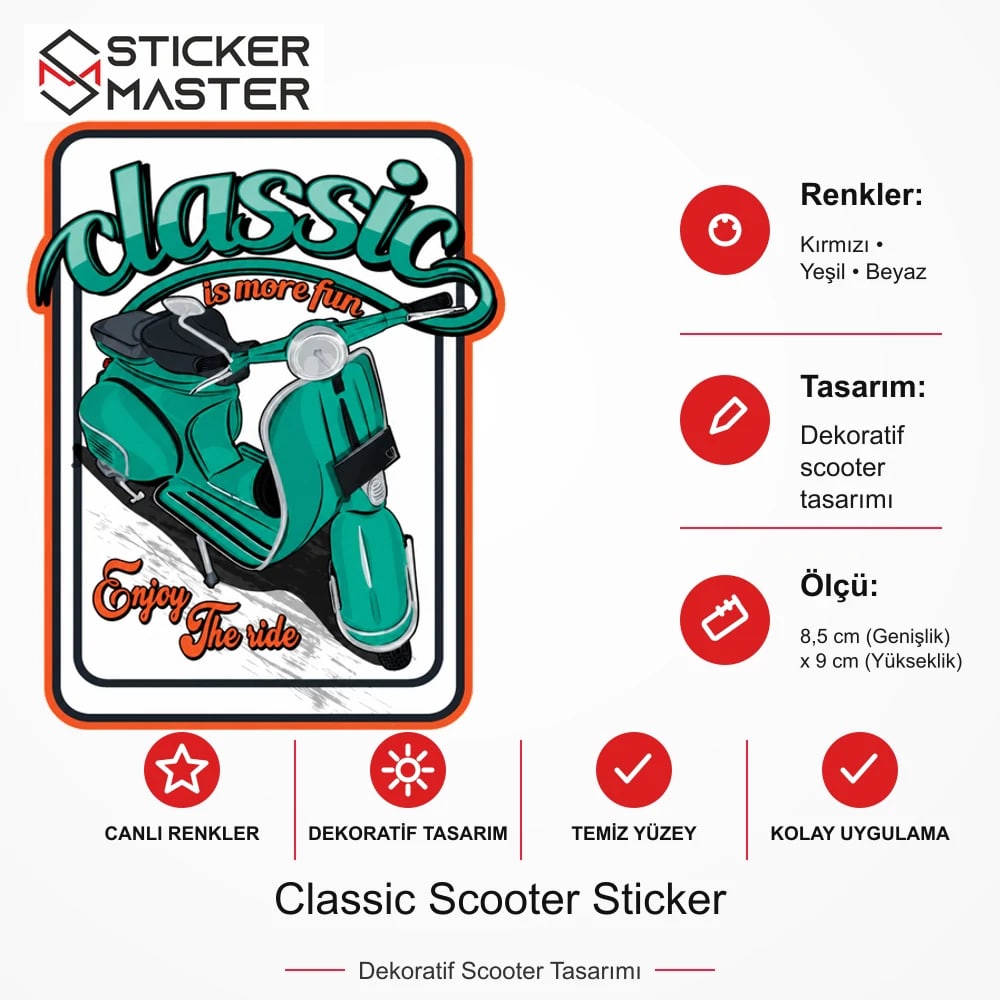 Vespa Uyumlu Classic Scooter Sticker VSP40 ölçü, renk ve ürün bilgisi - 8,5 cm (Genişlik) x 9 cm (Yükseklik) - Sticker Master