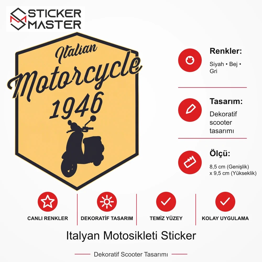 Vespa Uyumlu Italyan Motosikleti Sticker VSP41 ölçü, renk ve ürün bilgisi - 8,5 cm (Genişlik) x 9,5 cm (Yükseklik) - Sticker Master
