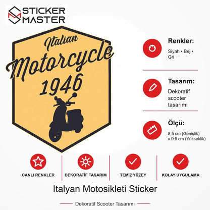 Vespa Uyumlu Italyan Motosikleti Sticker VSP41 ölçü, renk ve ürün bilgisi - 8,5 cm (Genişlik) x 9,5 cm (Yükseklik) - Sticker Master