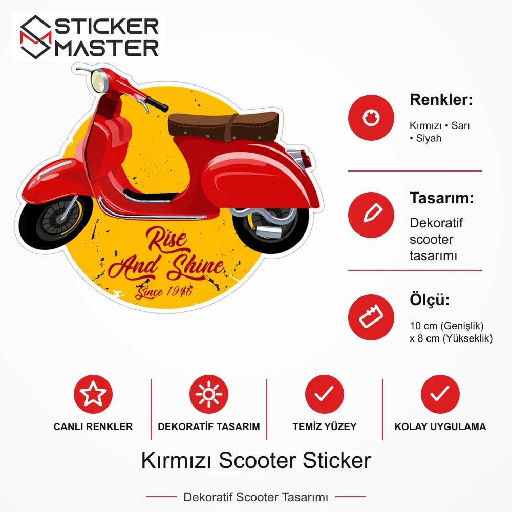 Vespa Uyumlu Kırmızı Scooter Sticker VSP42 ölçü, renk ve ürün bilgisi - 10 cm (Genişlik) x 8 cm (Yükseklik) - Sticker Master