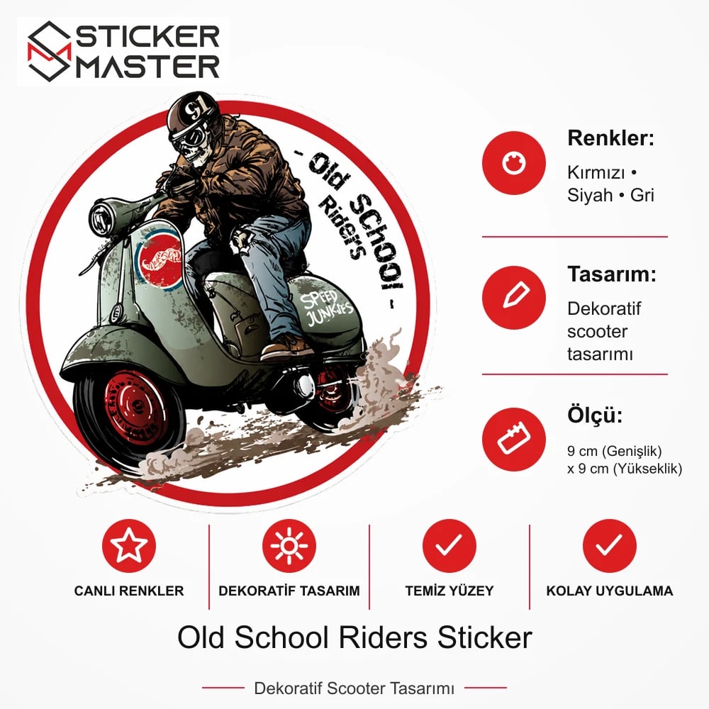 Vespa Uyumlu Old School Riders Sticker VSP43 ölçü, renk ve ürün bilgisi - 9 cm (Genişlik) x 9 cm (Yükseklik) - Sticker Master