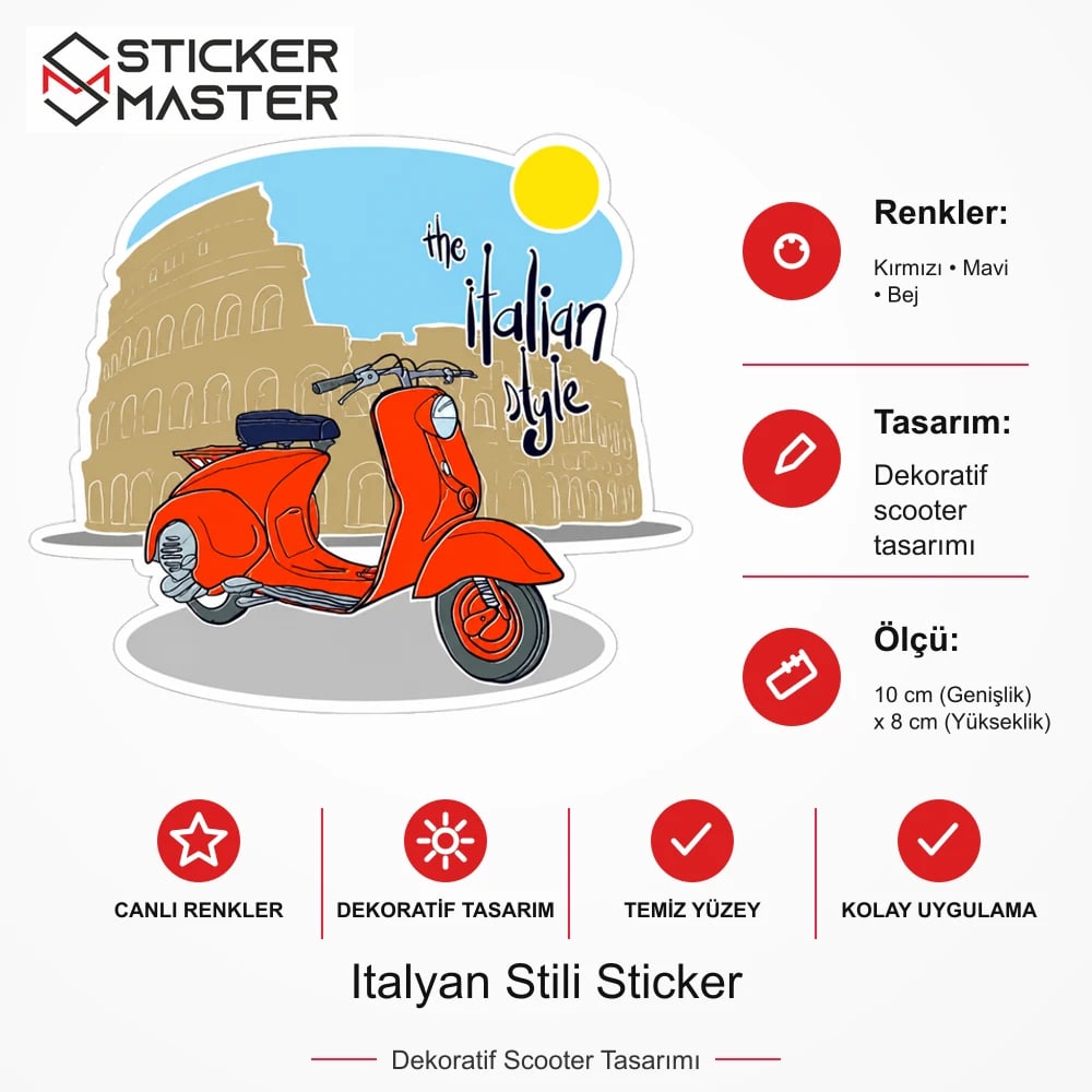 Vespa Uyumlu Italyan Stili Sticker VSP44 ölçü, renk ve ürün bilgisi - 10 cm (Genişlik) x 8 cm (Yükseklik) - Sticker Master
