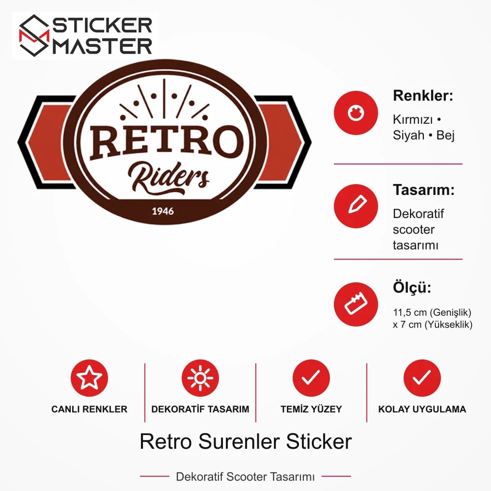 Vespa Uyumlu Retro Surenler Sticker VSP46 ölçü, renk ve ürün bilgisi - 11,5 cm (Genişlik) x 7 cm (Yükseklik) - Sticker Master