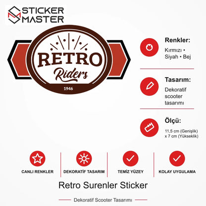 Vespa Uyumlu Retro Surenler Sticker VSP46 ölçü, renk ve ürün bilgisi - 11,5 cm (Genişlik) x 7 cm (Yükseklik) - Sticker Master