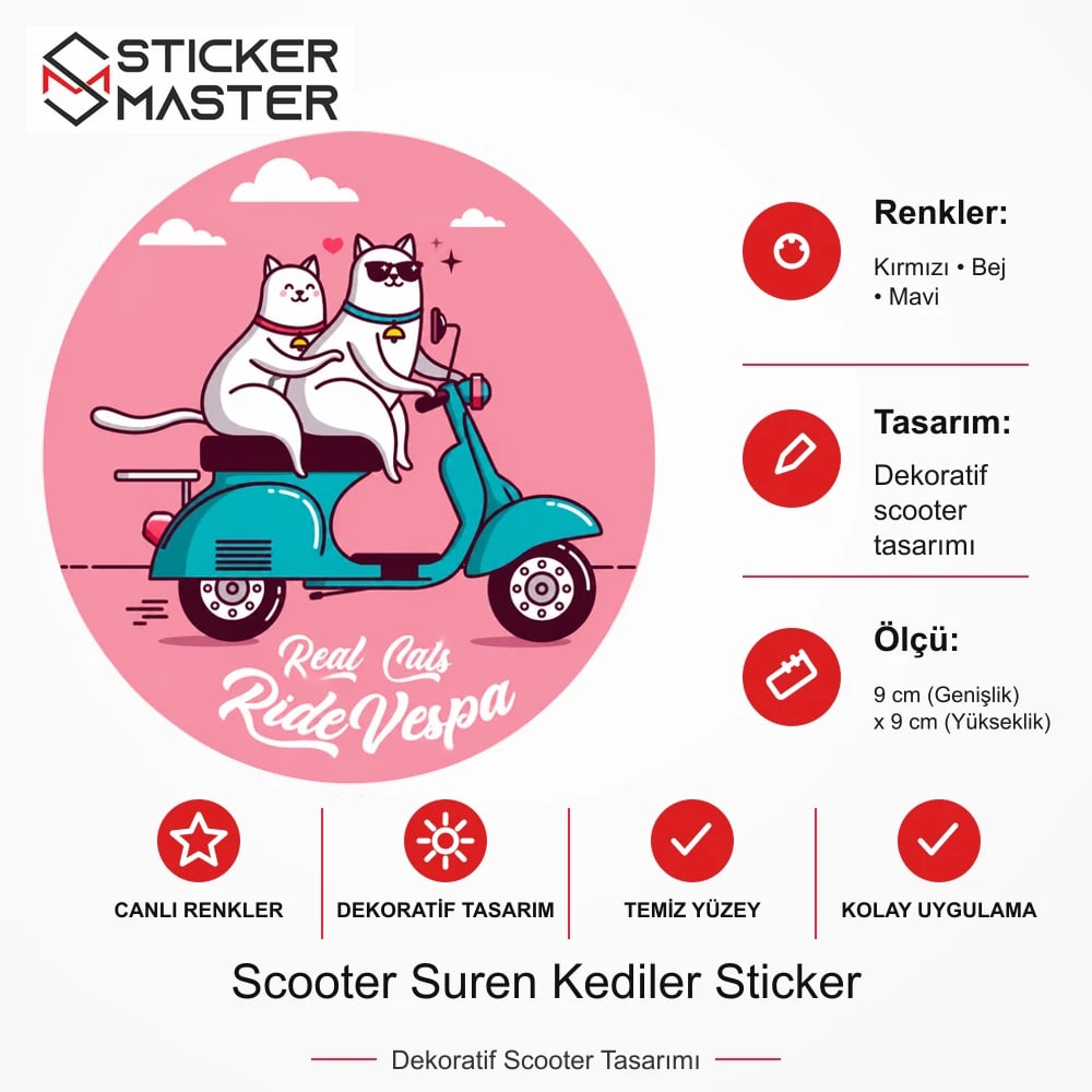 Vespa Uyumlu Scooter Suren Kediler Sticker VSP47 ölçü, renk ve ürün bilgisi - 9 cm (Genişlik) x 9 cm (Yükseklik) - Sticker Master