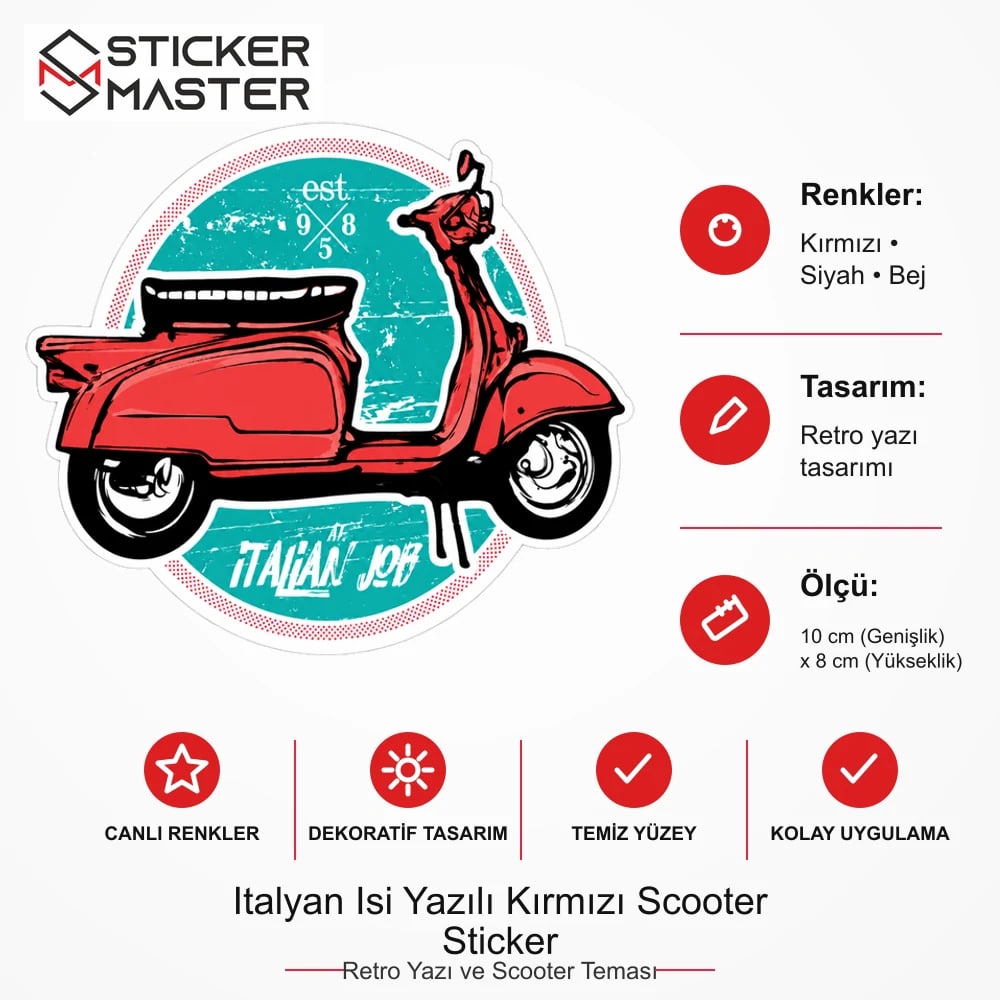Vespa Uyumlu Italyan Isi Yazılı Kırmızı Scooter Sticker VSP49 ölçü, renk ve ürün bilgisi - 10 cm (Genişlik) x 8 cm (Yükseklik) - Sticker Master