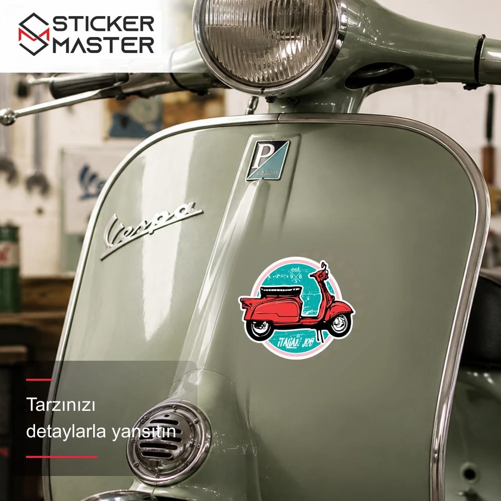 Vespa Uyumlu Italyan Isi Yazılı Kırmızı Scooter Sticker VSP49 scooter üzerinde uygulama örneği - Sticker Master