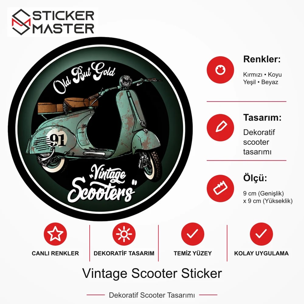 Vespa Uyumlu Vintage Scooter Sticker VSP50 ölçü, renk ve ürün bilgisi - 9 cm (Genişlik) x 9 cm (Yükseklik) - Sticker Master