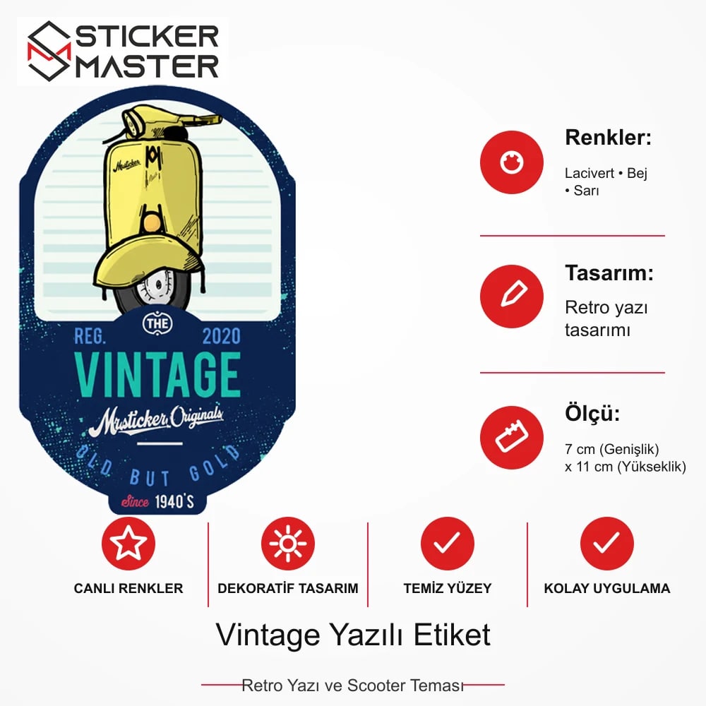 Vespa Uyumlu Vintage Yazılı Etiket Sticker VSP52 ölçü, renk ve ürün bilgisi - 7 cm (Genişlik) x 11 cm (Yükseklik) - Sticker Master