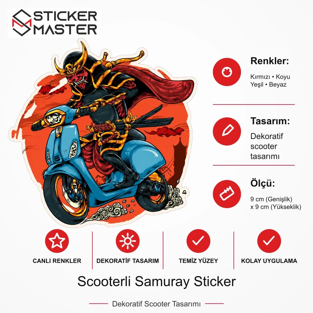 Vespa Uyumlu Scooterli Samuray Sticker VSP55 ölçü, renk ve ürün bilgisi - 9 cm (Genişlik) x 9 cm (Yükseklik) - Sticker Master