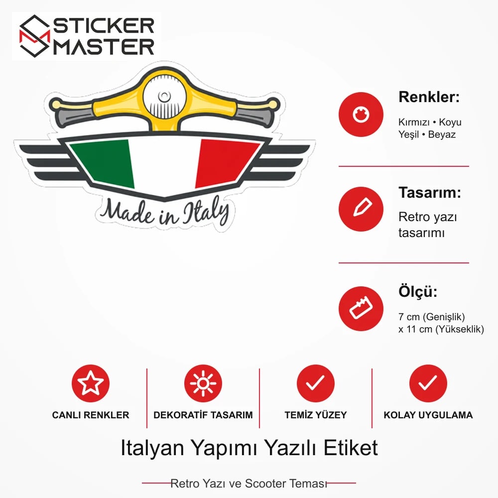 Vespa Uyumlu Italyan Yapımı Yazılı Etiket Sticker VSP57 ölçü, renk ve ürün bilgisi - 7 cm (Genişlik) x 11 cm (Yükseklik) - Sticker Master
