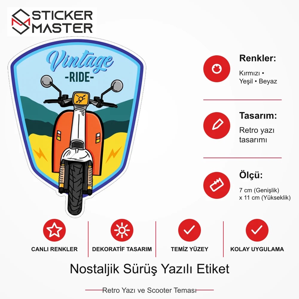 Vespa Uyumlu Nostaljik Sürüş Yazılı Etiket Sticker VSP58 ölçü, renk ve ürün bilgisi - 7 cm (Genişlik) x 11 cm (Yükseklik) - Sticker Master