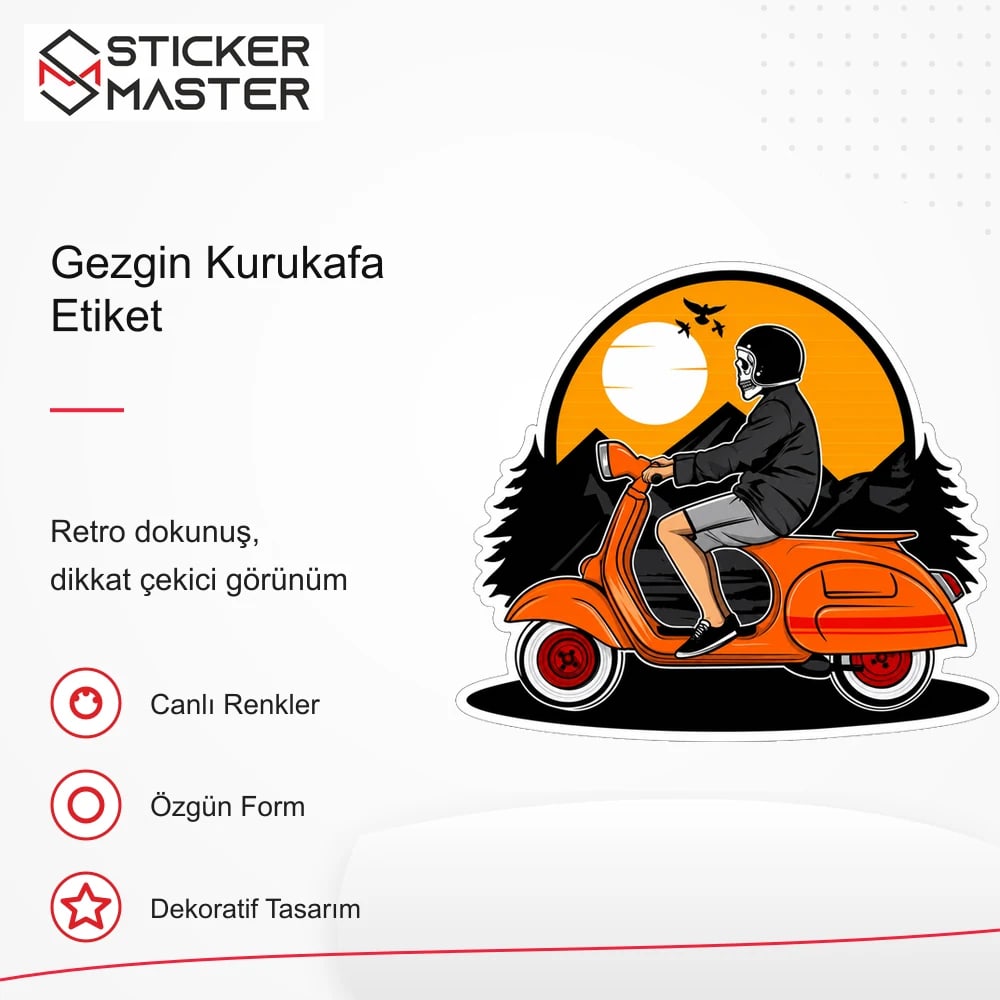 Vespa Uyumlu Gezgin Kurukafa Etiket Sticker VSP59 retro tasarım ve kullanım özellikleri - Sticker Master