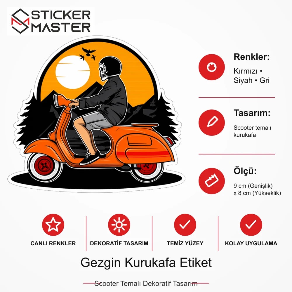 Vespa Uyumlu Gezgin Kurukafa Etiket Sticker VSP59 ölçü, renk ve ürün bilgisi - 9 cm (Genişlik) x 8 cm (Yükseklik) - Sticker Master