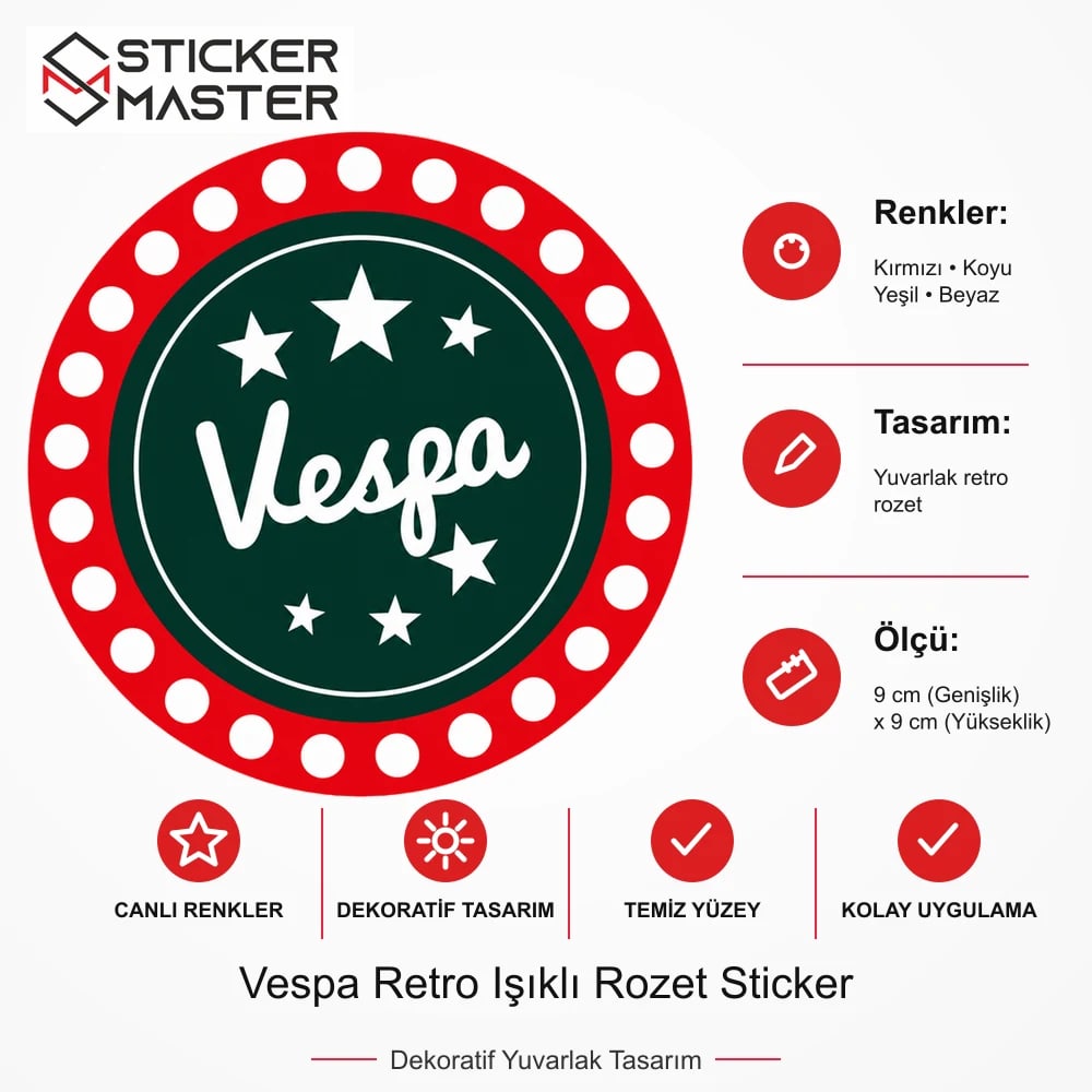 Vespa Uyumlu Retro Işıklı Tabela Sticker VSP8 ölçü, renk ve ürün bilgisi - 9 cm (Genişlik) x 9 cm (Yükseklik) - Sticker Master