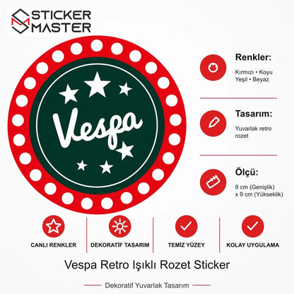 Vespa Uyumlu Retro Işıklı Tabela Sticker VSP8 ölçü, renk ve ürün bilgisi - 9 cm (Genişlik) x 9 cm (Yükseklik) - Sticker Master
