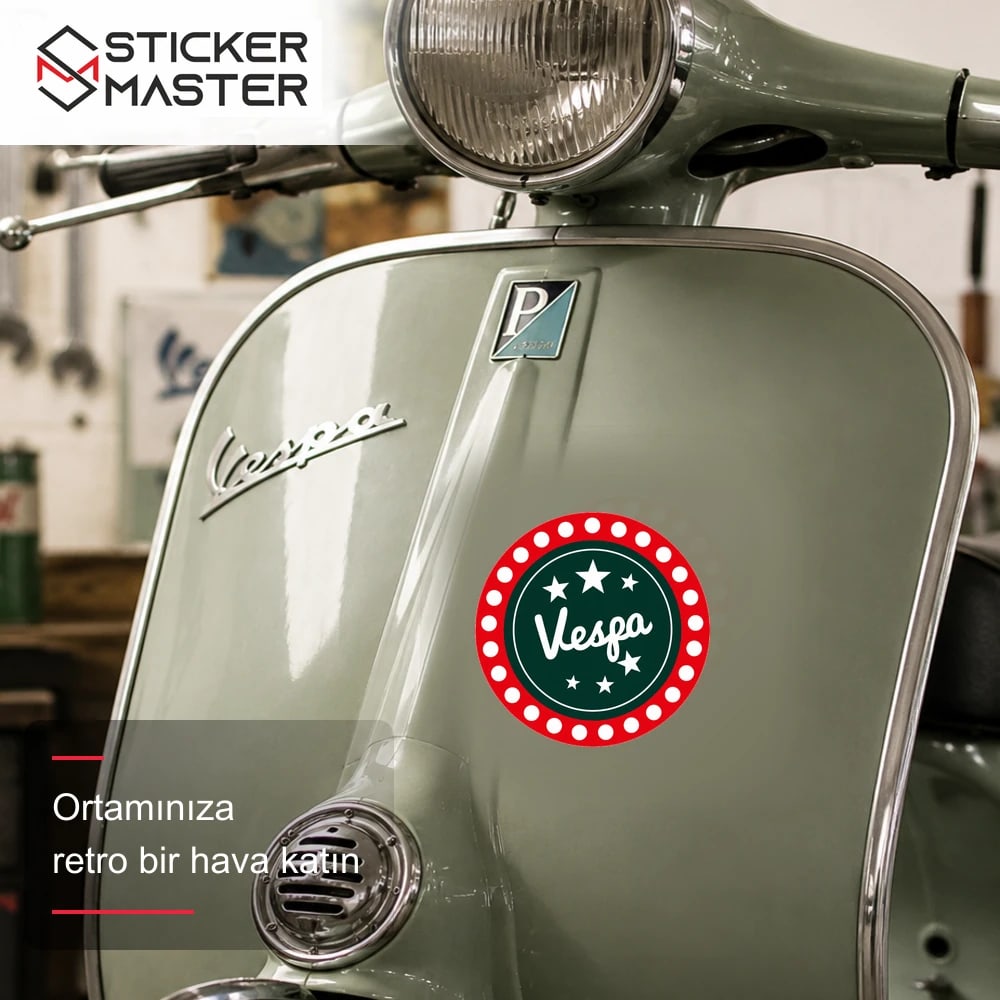 Vespa Uyumlu Retro Işıklı Tabela Sticker VSP8 scooter üzerinde uygulama örneği - Sticker Master