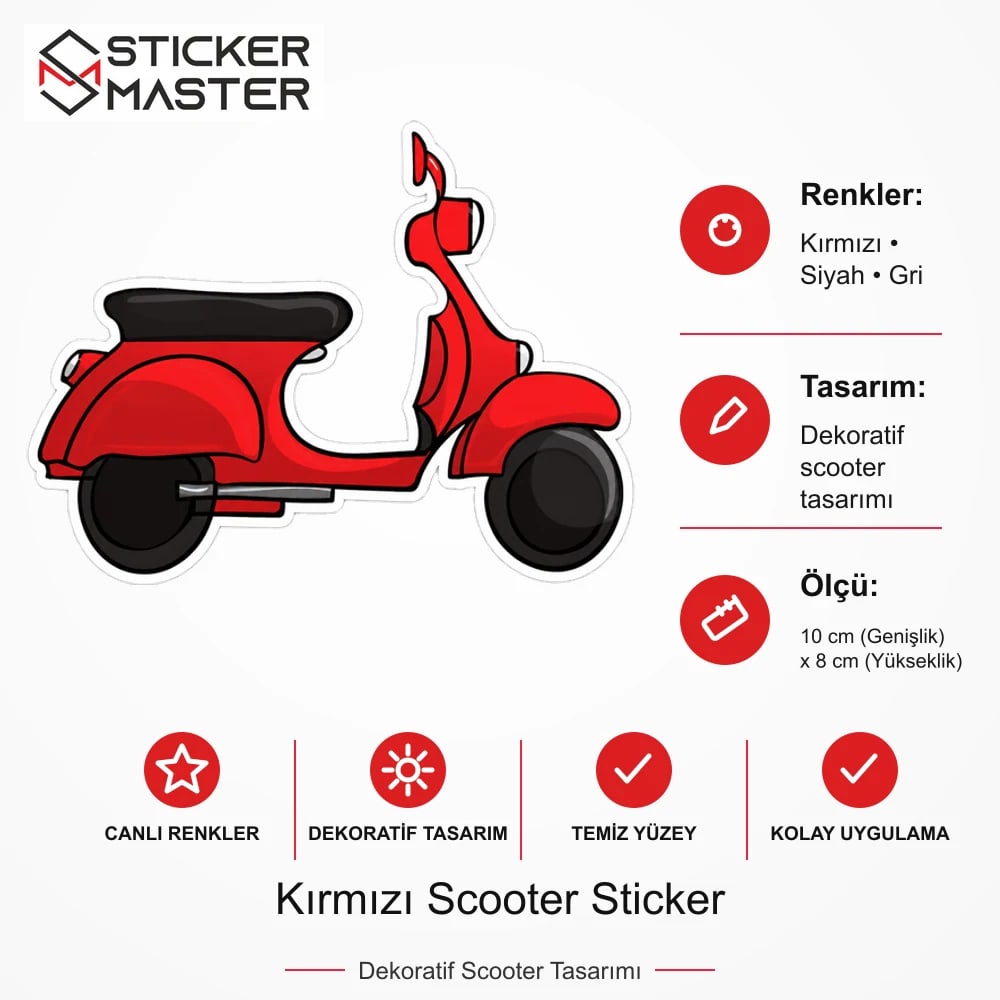 Vespa Uyumlu Kırmızı Scooter Sticker VSP9 ölçü, renk ve ürün bilgisi - 10 cm (Genişlik) x 8 cm (Yükseklik) - Sticker Master