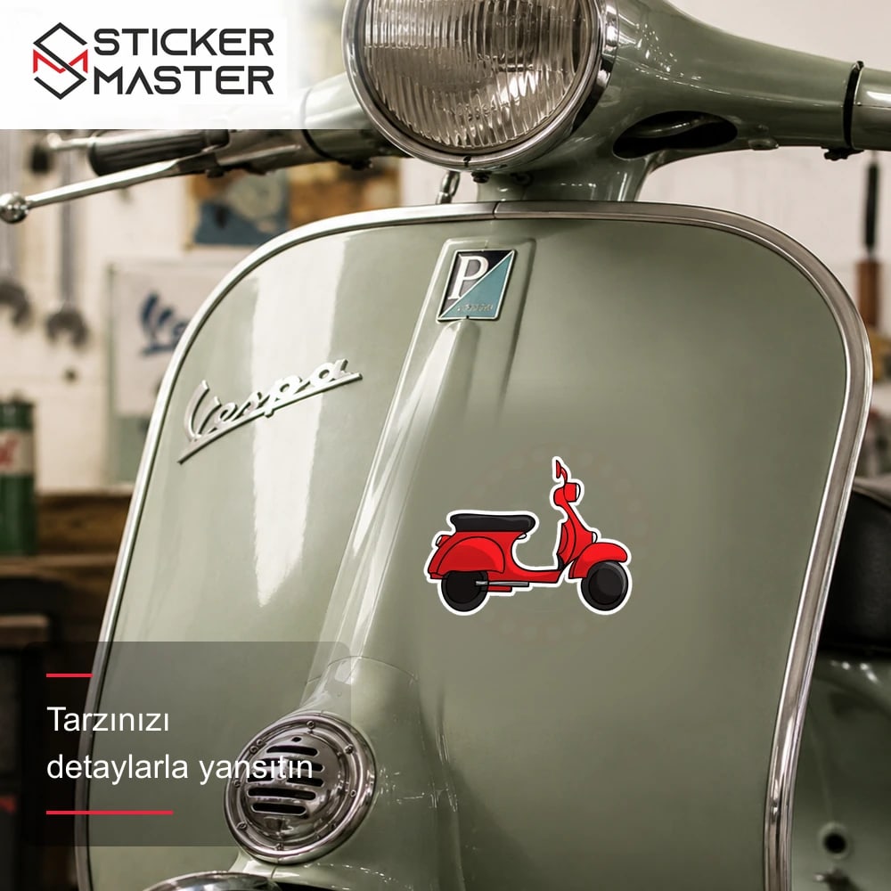 Vespa Uyumlu Kırmızı Scooter Sticker VSP9 scooter üzerinde uygulama örneği - Sticker Master