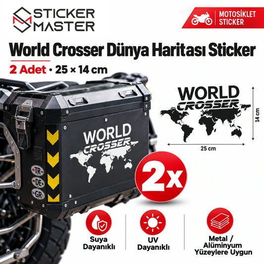 World Crosser dünya haritası motosiklet çanta stickerı beyaz 25×14 cm 2 adet ana görsel