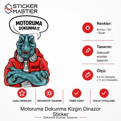Vespa Uyumlu WRN32 Motoruma Dokunma Kizgin Dinazor Sticker VSP1148 ölçü, renk ve ürün bilgisi - 6,5 cm (Genişlik) x 11 cm (Yükseklik) - Sticker Master