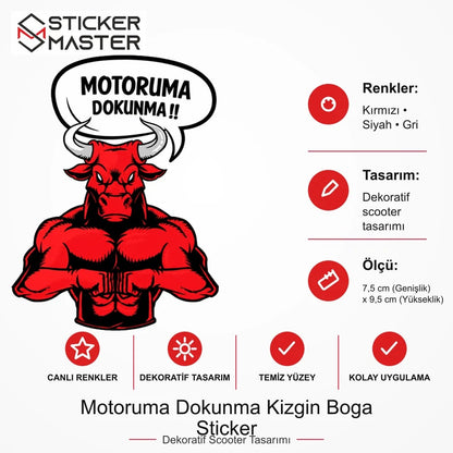 Vespa Uyumlu WRN34 Motoruma Dokunma Kizgin Boga Sticker VSP1150 ölçü, renk ve ürün bilgisi - 7,5 cm (Genişlik) x 9,5 cm (Yükseklik) - Sticker Master