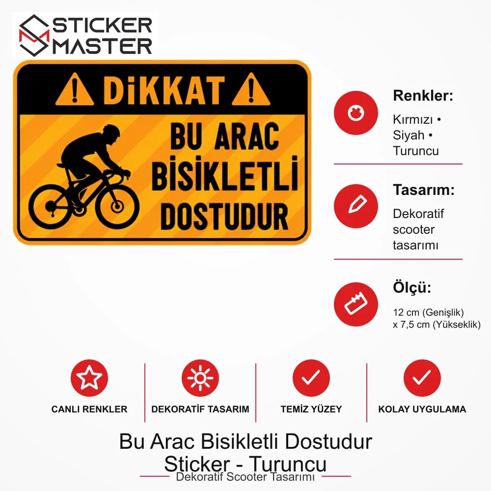 Vespa Uyumlu WRN49 Bu Arac Bisikletli Dostudur Sticker - Turuncu ölçü, renk ve ürün bilgisi - 12 cm (Genişlik) x 7,5 cm (Yükseklik) - Sticker Master