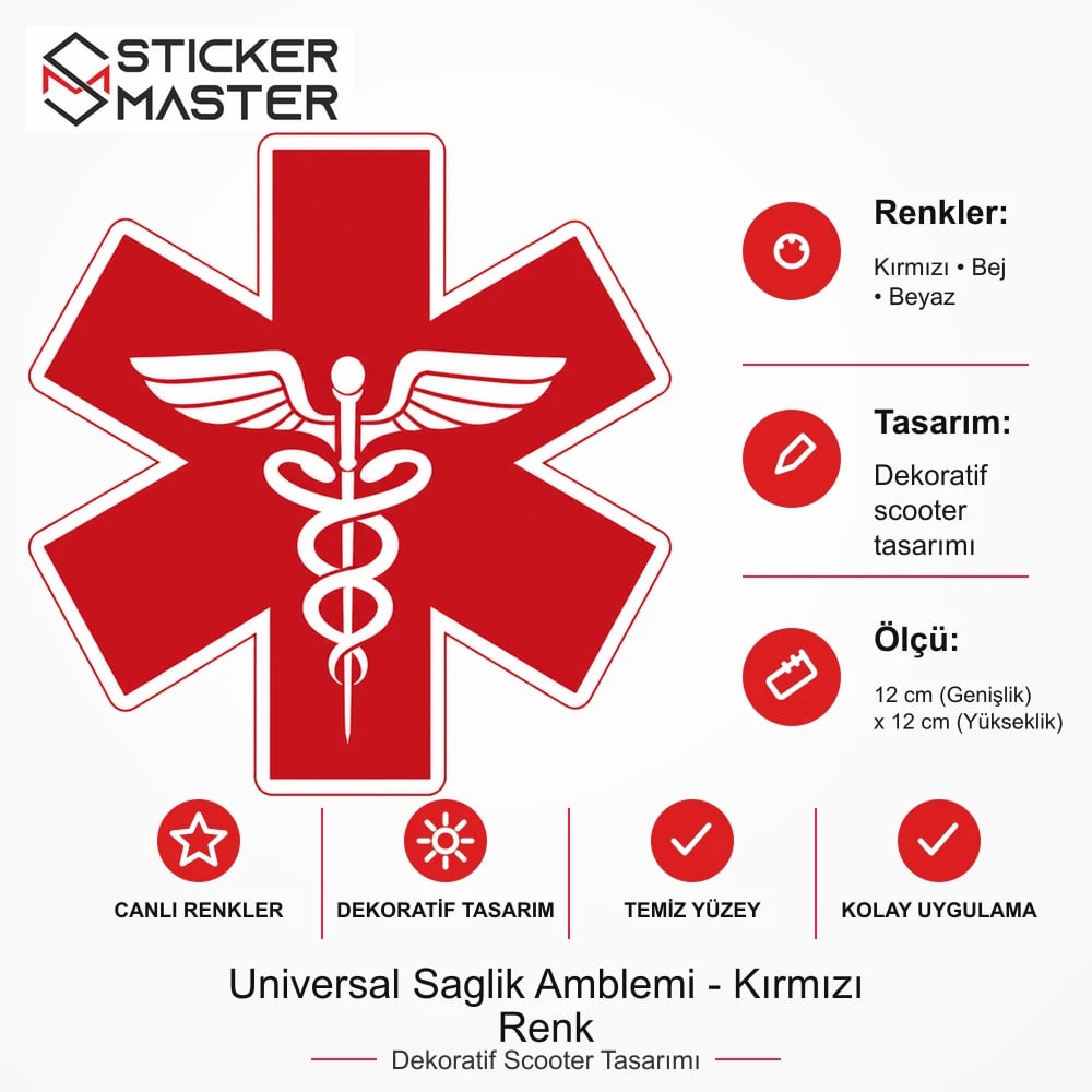 Vespa Uyumlu WRN52 Universal Saglik Amblemi - Kırmızı Renk Sticker ölçü, renk ve ürün bilgisi - 12 cm (Genişlik) x 12 cm (Yükseklik) - Sticker Master