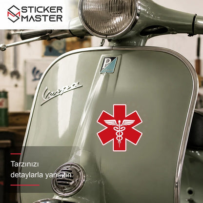 Vespa Uyumlu WRN52 Universal Saglik Amblemi - Kırmızı Renk Sticker scooter üzerinde uygulama örneği - Sticker Master