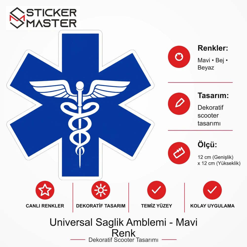 Vespa Uyumlu WRN52 Universal Saglik Amblemi - Mavi Renk Sticker ölçü, renk ve ürün bilgisi - 12 cm (Genişlik) x 12 cm (Yükseklik) - Sticker Master