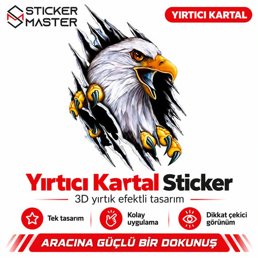 Yırtıcı Kartal Sticker tek tasarım ana görseli – 3D yırtık efektli renkli kartal