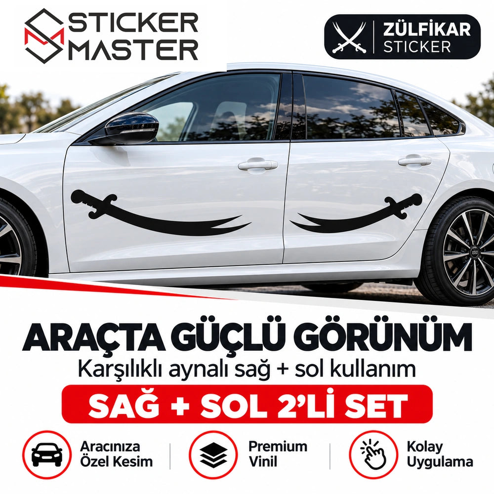 Zülfikar sağ sol 2 adet sticker araç uygulama örneği