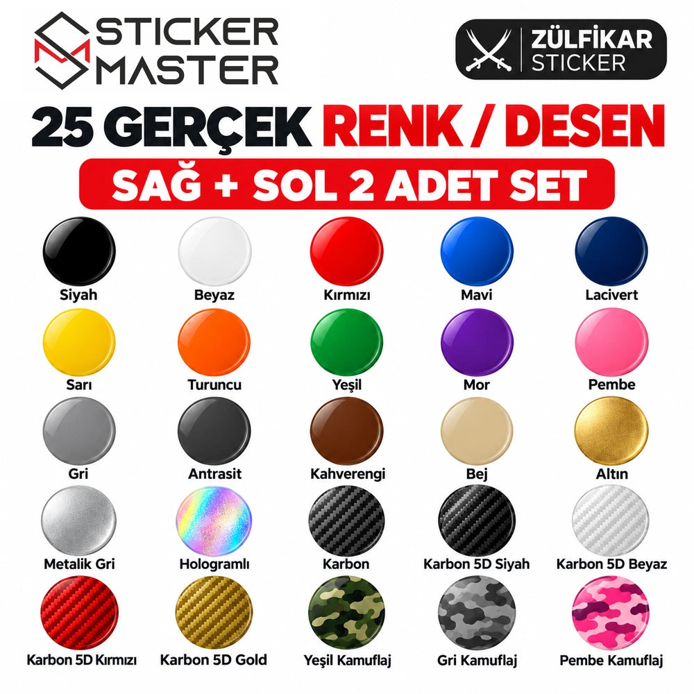 Zülfikar sticker 25 gerçek renk ve desen varyantları sağ sol 2 adet
